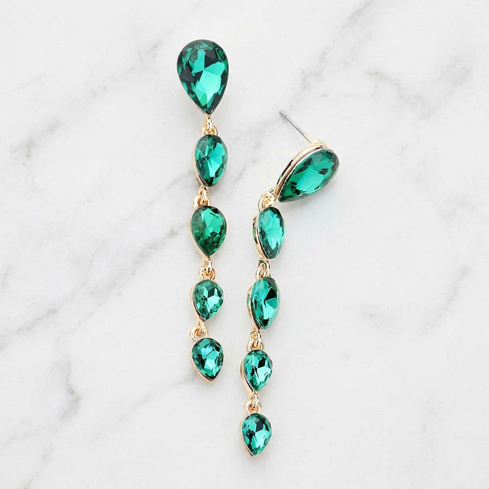 Madeline Love Gold, Green Teardrop Crystal Drop Evening Earrings