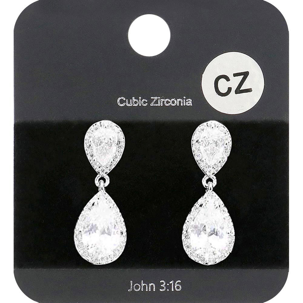 Madeline Love Clear, Rhodium CZ Teardrop Stone Dangle Evening Earrings