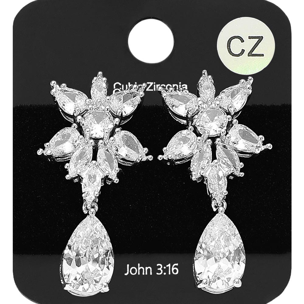 Madeline Love Clear, Rhodium Marquise CZ Stone Cluster Teardrop Drop Dangle Evening Earrings