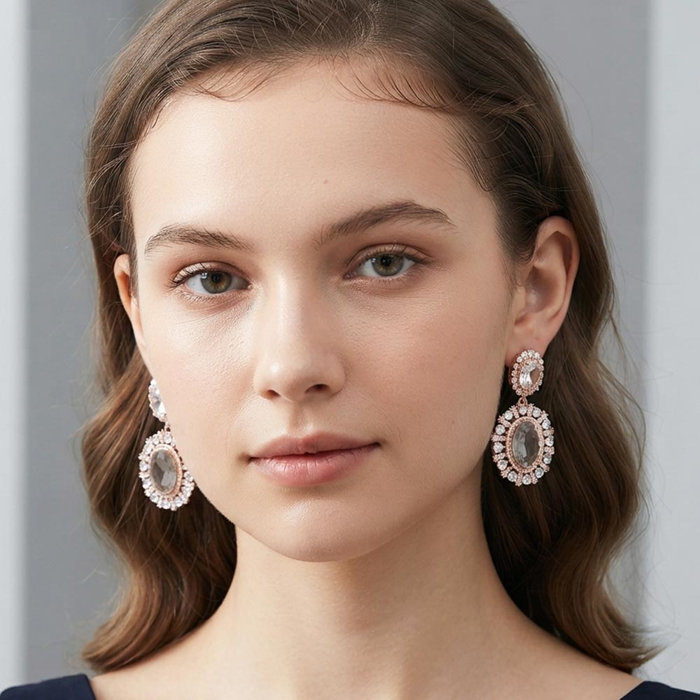 Madeline Love Clear, Rose Gold Oval Teardrop Cluster Dangle Evening Earrings
