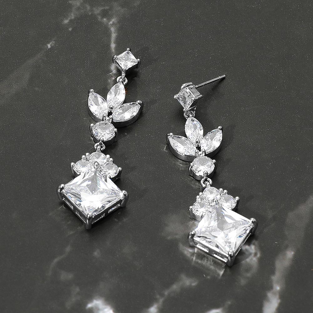 Madeline Love Clear, Rhodium Geometric CZ Stone Cluster Link Drop Evening Earrings