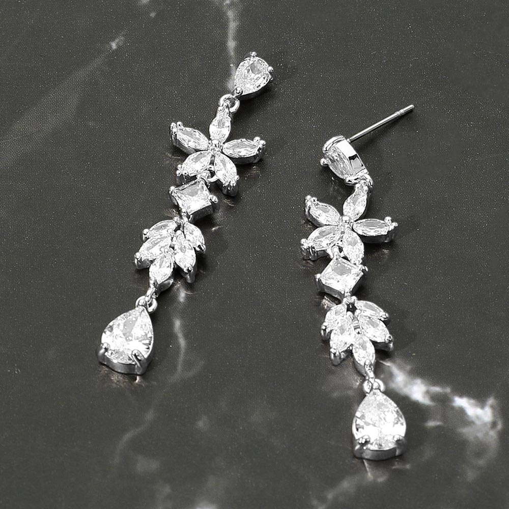 Madeline Love Clear, Gold Floral Teardrop CZ Stone Cluster Link Drop Evening Earrings