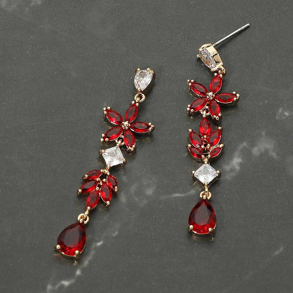 Madeline Love Clear, Gold, Siam Floral Teardrop CZ Stone Cluster Link Drop Evening Earrings