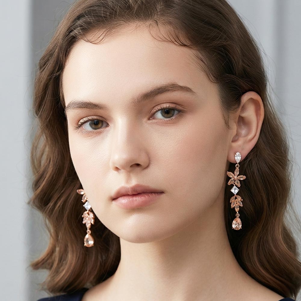 Madeline Love Clear, Gold, Topaz Floral Teardrop CZ Stone Cluster Link Drop Evening Earrings