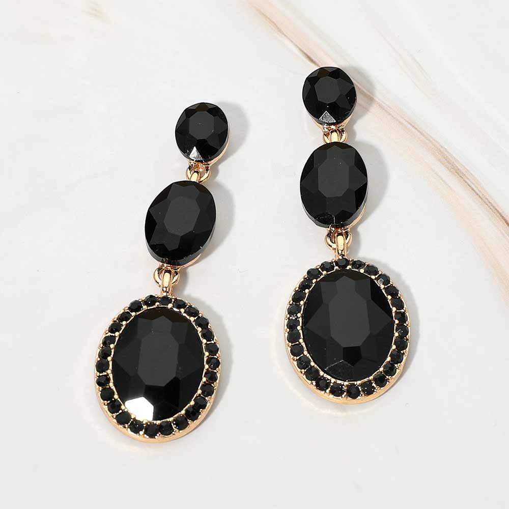 Madeline Love Black, Gold Triple Oval Faceted Crystal Link Drop Evening Earrings