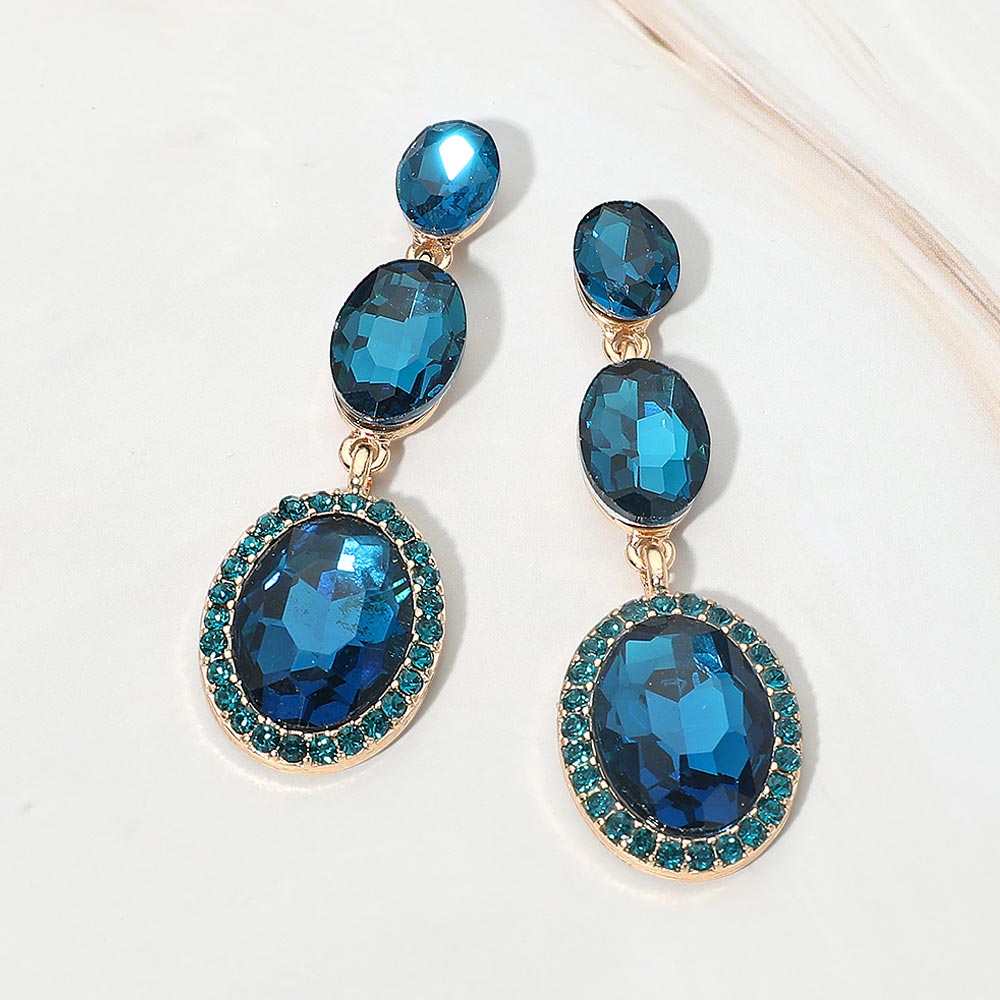 Madeline Love Blue Zircon, Gold Triple Oval Faceted Crystal Link Drop Evening Earrings