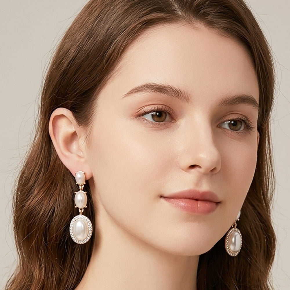 Madeline Love Cream, Gold Triple Oval Faceted Crystal Link Drop Evening Earrings