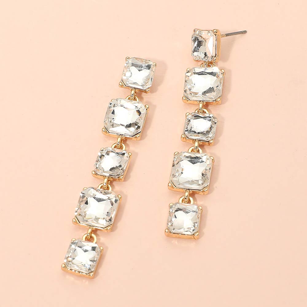 Madeline Love Clear, Gold Square Stone Cluster Link Drop Earrings