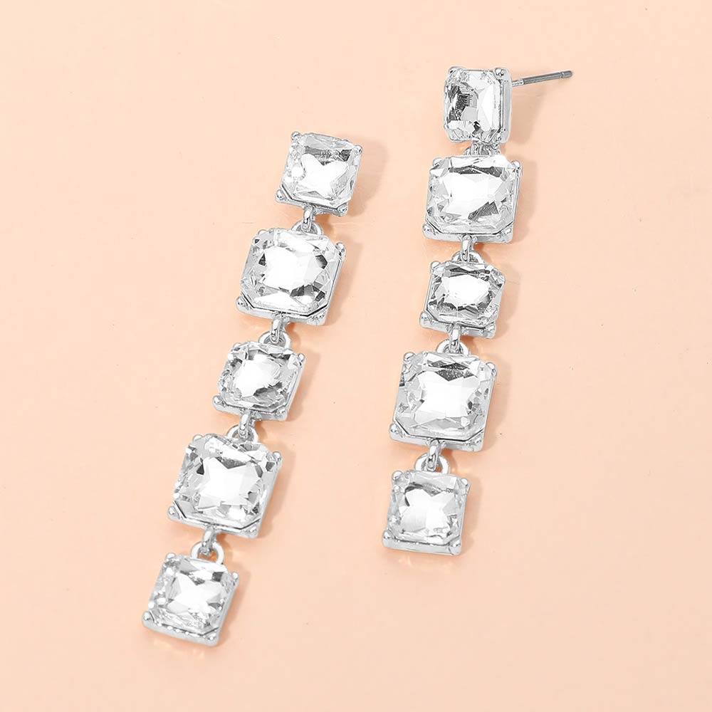 Madeline Love Clear, Silver Square Stone Cluster Link Drop Earrings