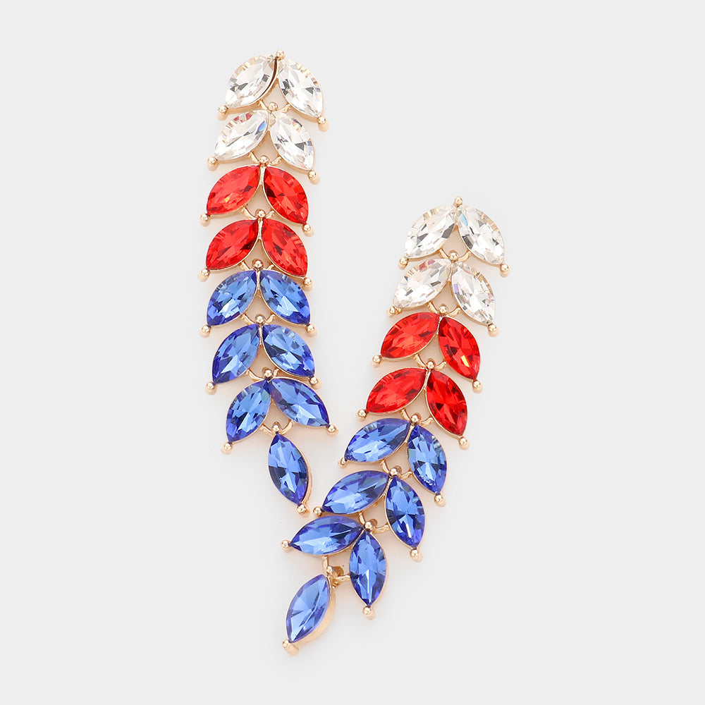 Madeline Love Blue, Gold, Red, White American USA Flag Marquise Stone Cluster Vine Link Drop Evening Earrings