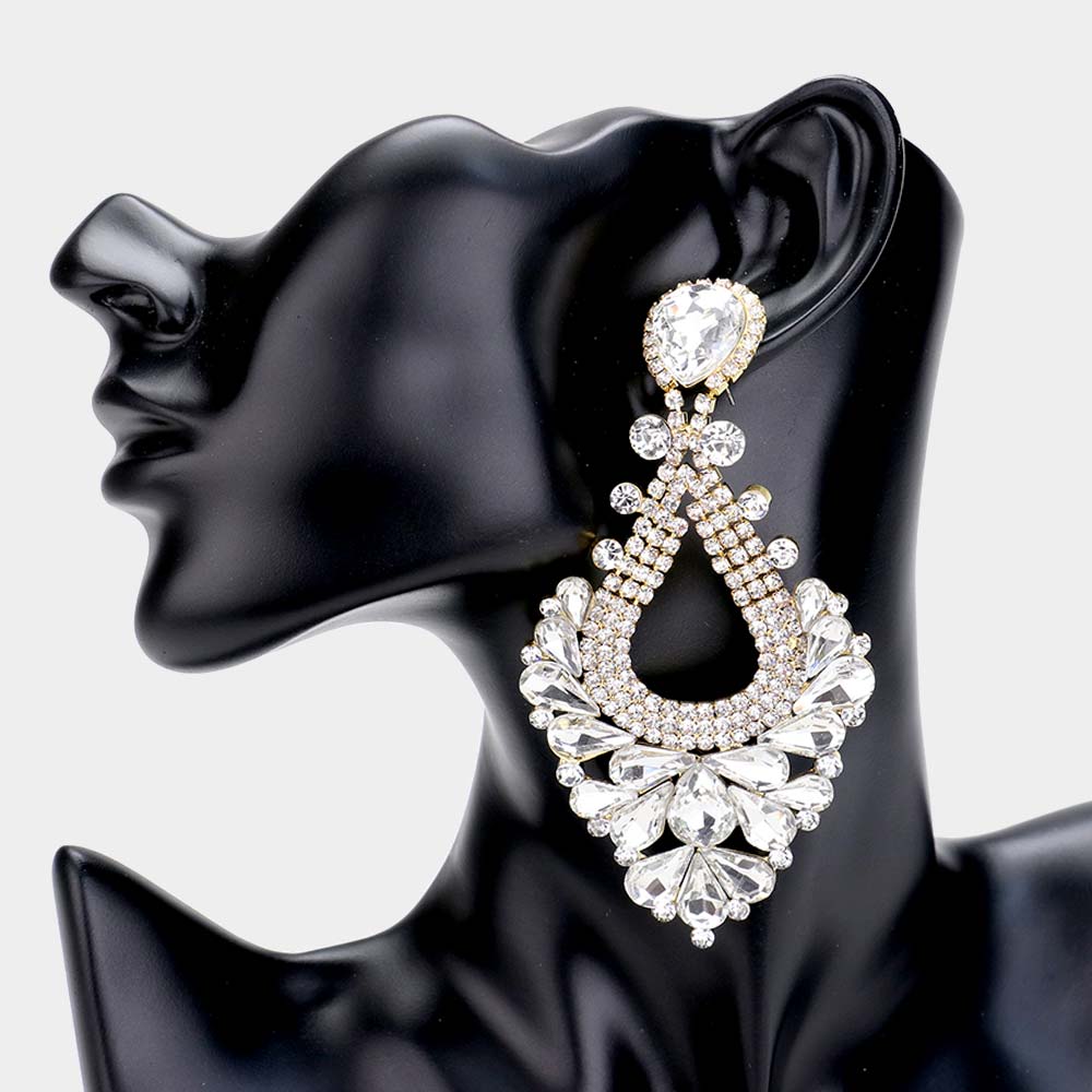 Madeline Love Clear, Gold Pear Crystal Rhinestone Pageant Evening Earrings
