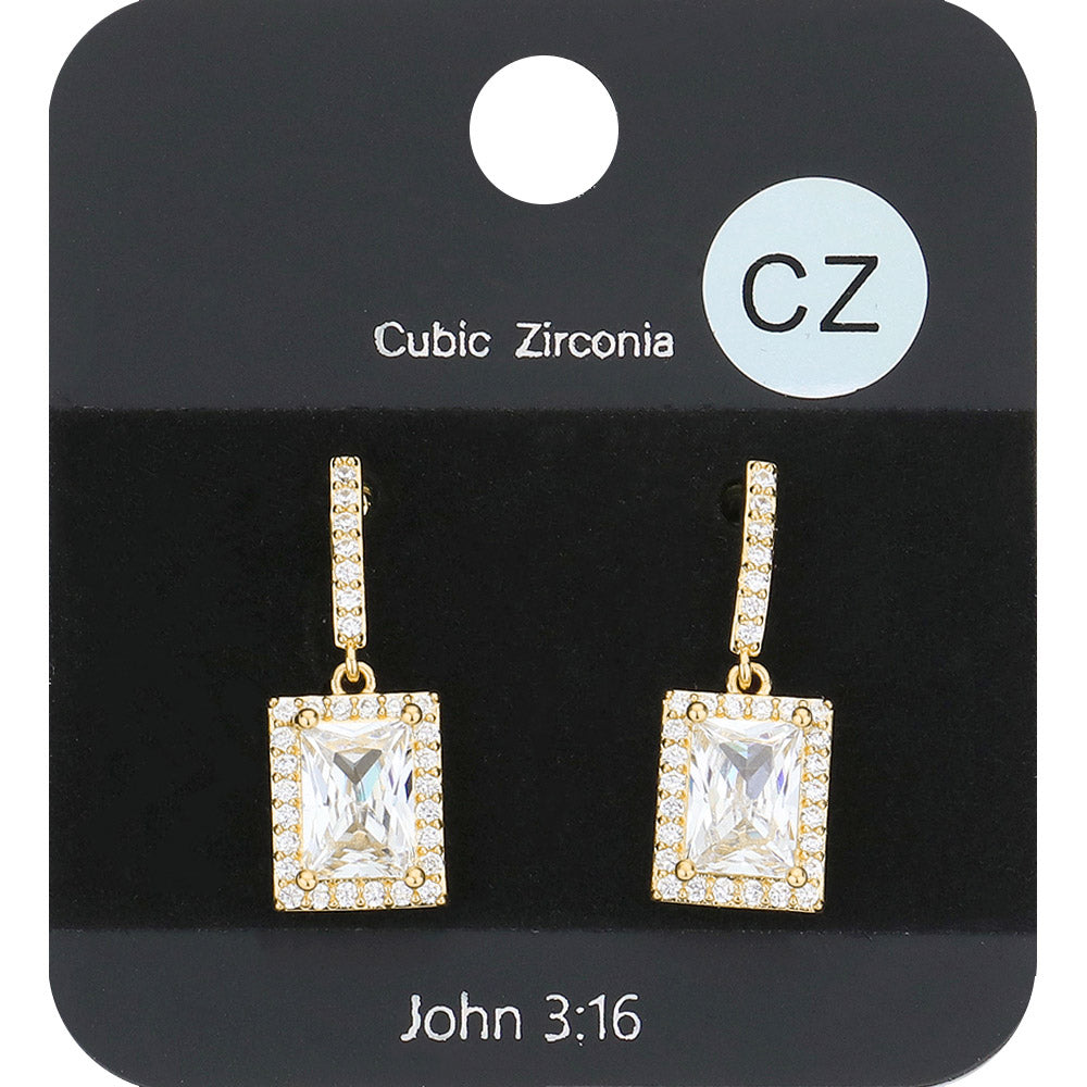 Madeline Love Clear, Gold CZ Rectangle Dangle Evening Earrings