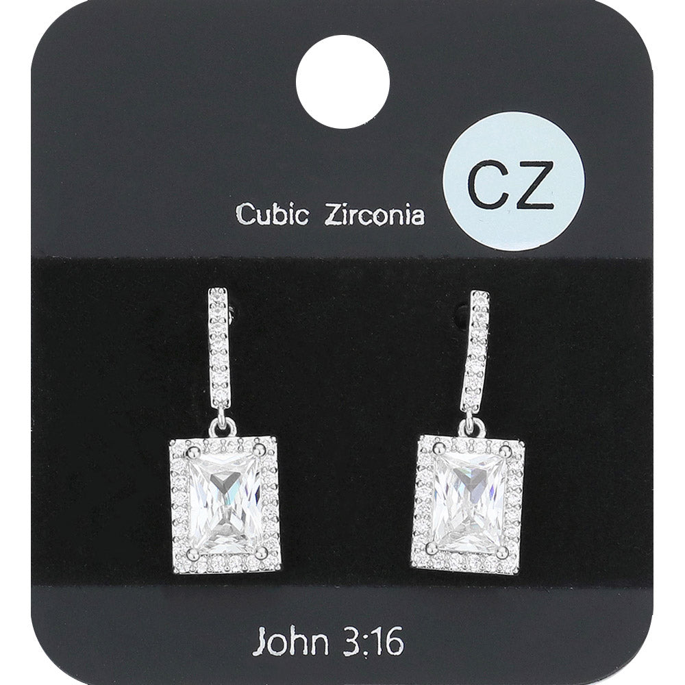 Madeline Love Clear, Rhodium CZ Rectangle Dangle Evening Earrings