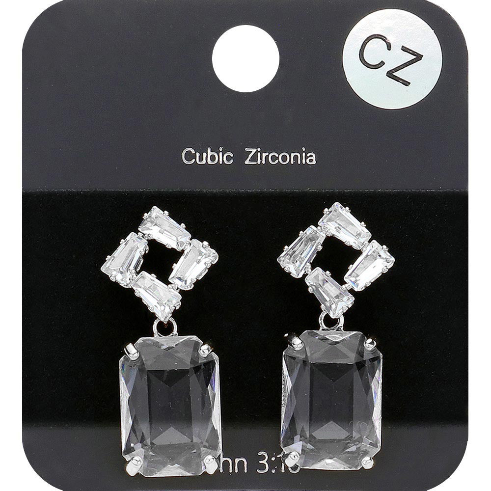 Madeline Love Clear, Rhodium CZ Stone Pave Rectangle Glass Stone Dangle Evening Earrings
