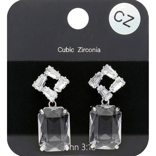 Madeline Love Clear, Rhodium CZ Stone Pave Rectangle Glass Stone Dangle Evening Earrings
