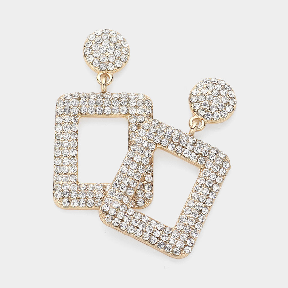 Madeline Love Clear, Gold Rhinestone Paved Open Square Dangle Evening Earrings