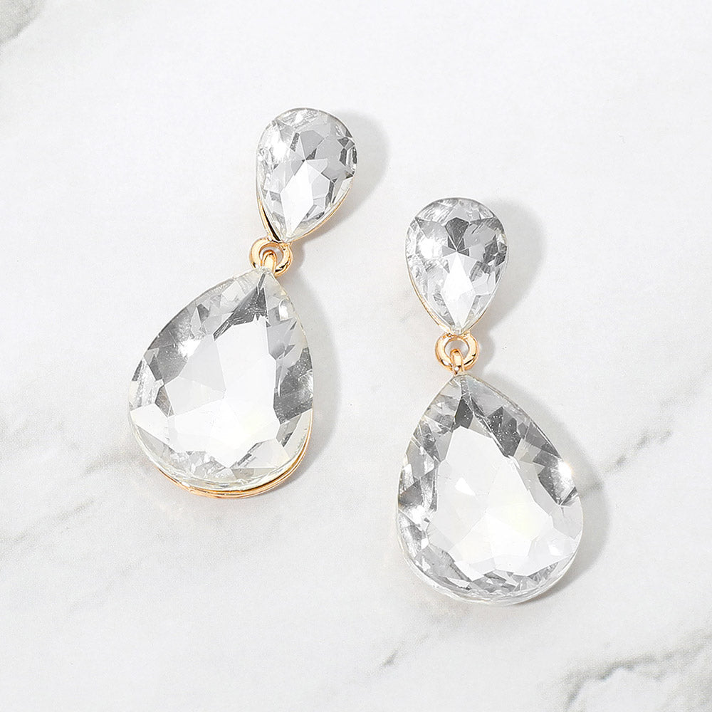 Madeline Love Clear, Gold Teardrop Crystal Drop Evening Earrings