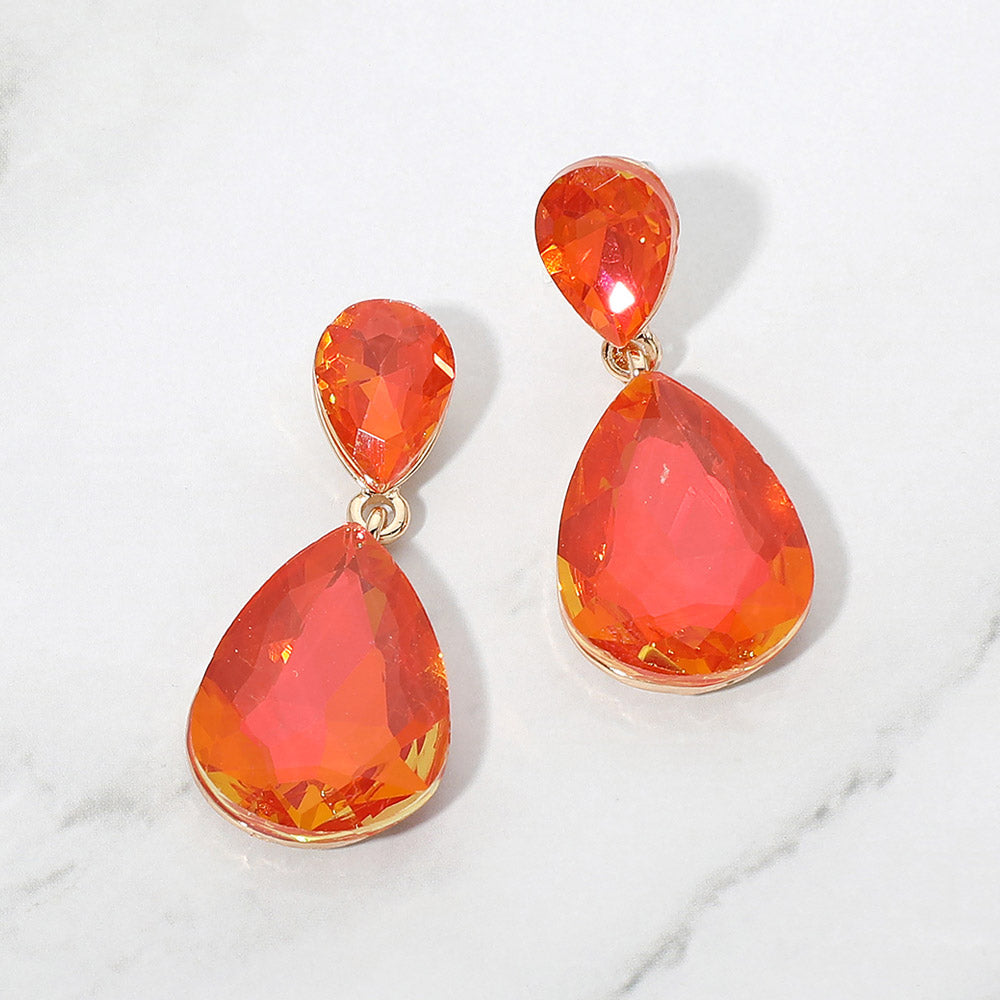 Madeline Love Gold, Opal, Orange Teardrop Crystal Drop Evening Earrings