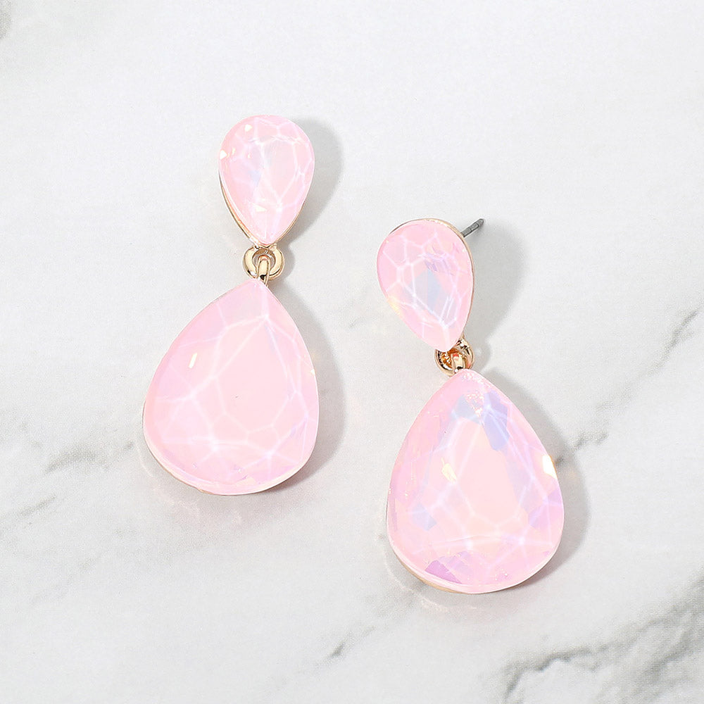Madeline Love Gold, Opal, Pink Teardrop Crystal Drop Evening Earrings
