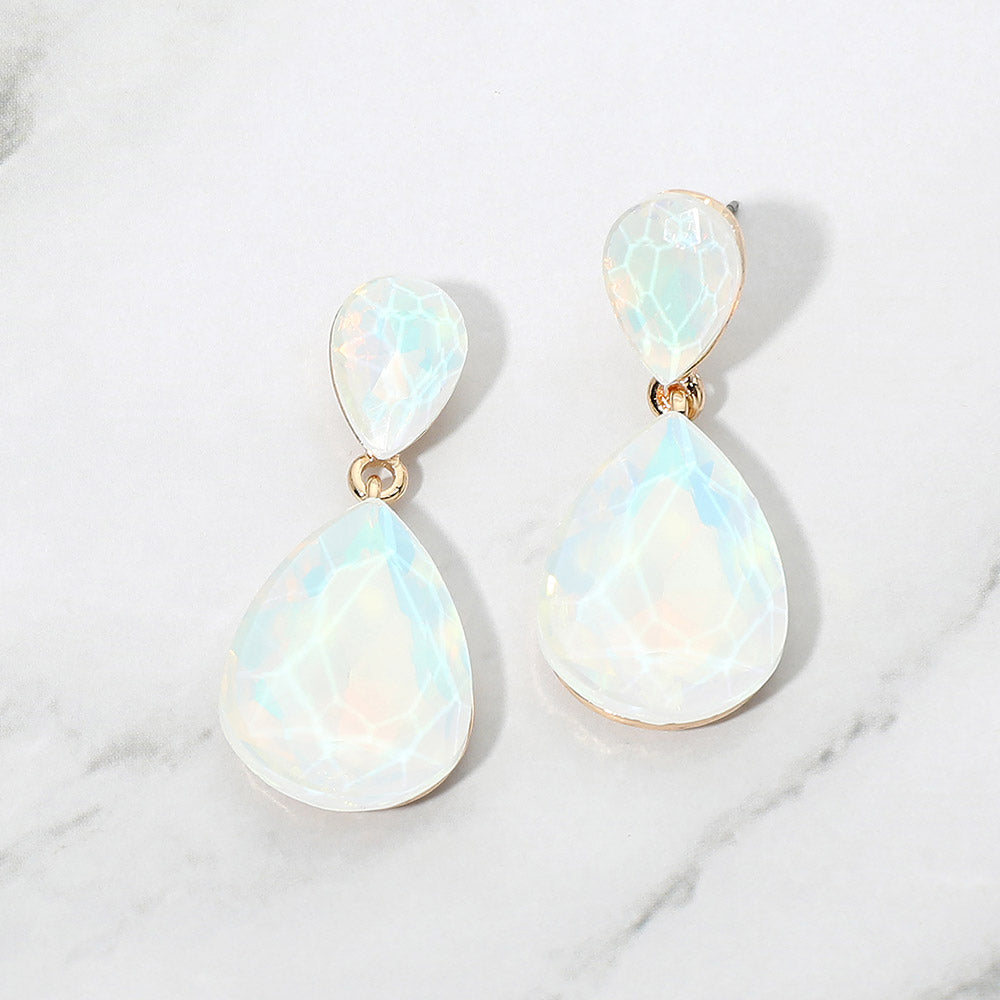 Madeline Love Gold, Opal, White Teardrop Crystal Drop Evening Earrings