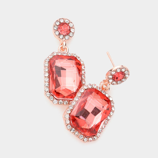 Madeline Love Coral Rhinestone Rectangle Stone Evening Earrings