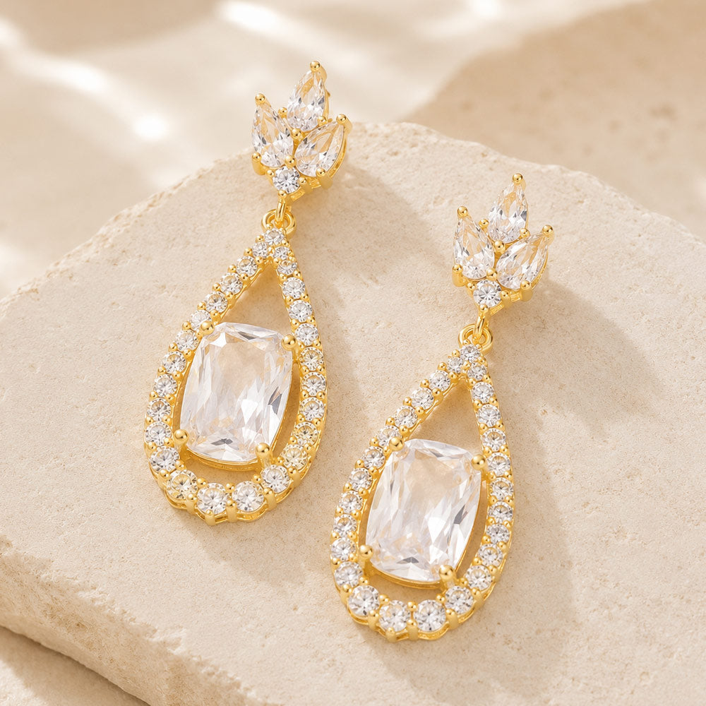 Madeline Love Gold CZ Oval Accented Teardrop Dangle Evening Earrings
