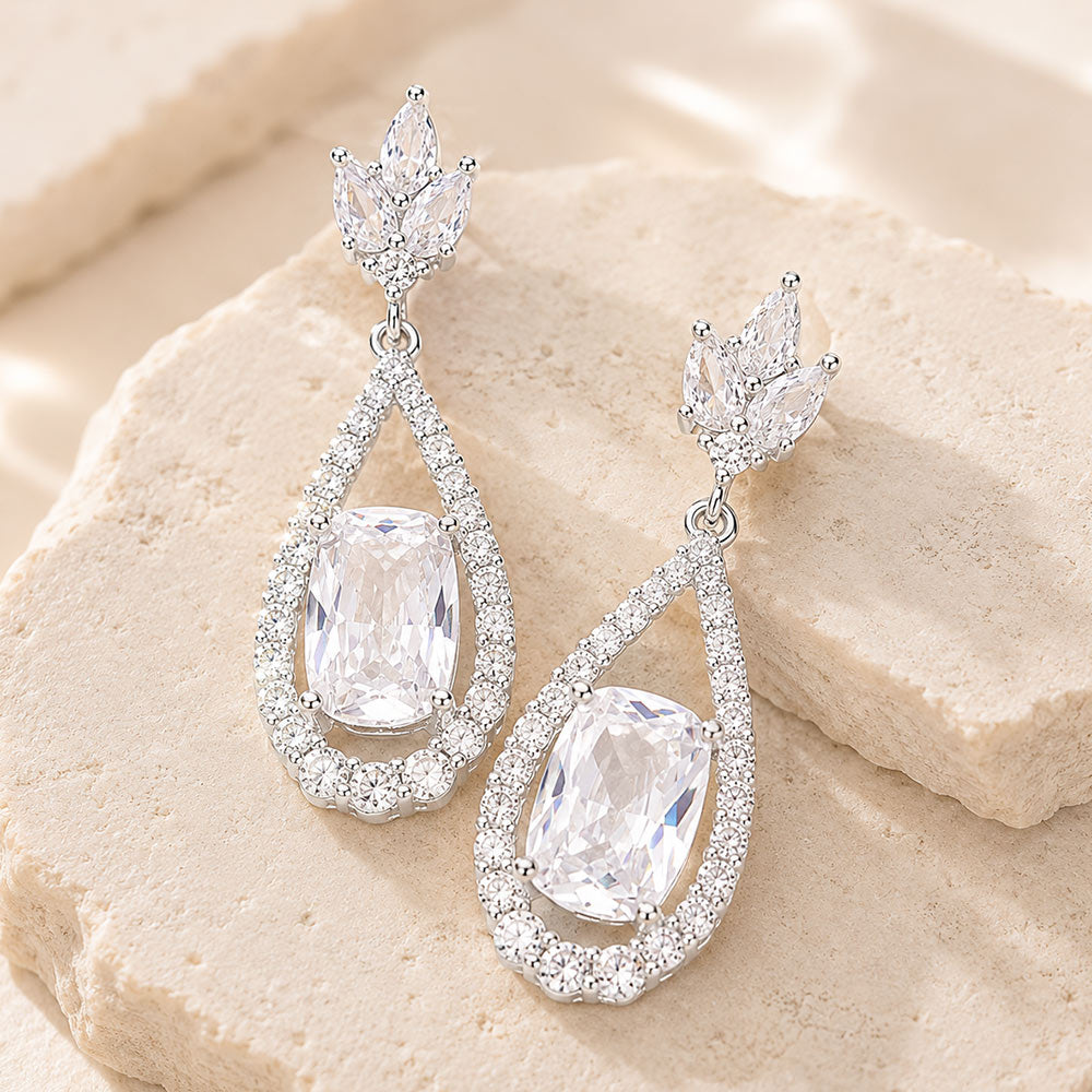 Madeline Love Rhodium CZ Oval Accented Teardrop Dangle Evening Earrings