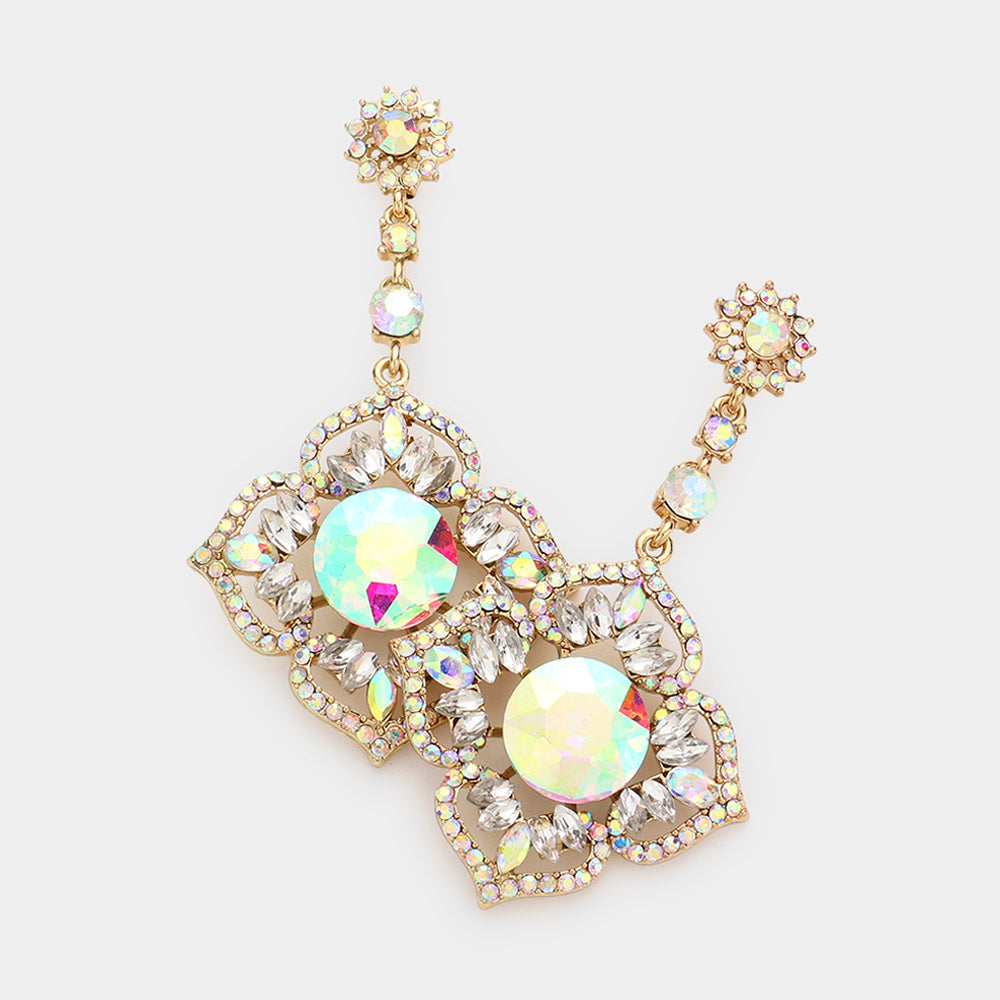 Madeline Love AB, Gold Crystal Rhinestone Trim Flower Evening Drop Earrings