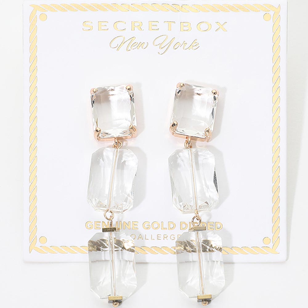Madeline Love Clear Geuine Gold Dipped Triple Rectangle Stone Link Drop Statement Earrings