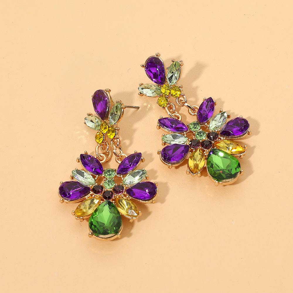 Madeline Love Green, Purple , Yellow Mardi Gras Floral Gem Drop Evening Earrings