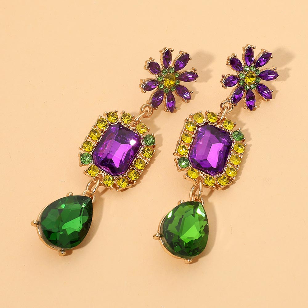 Madeline Love Green, Purple , Yellow Mardi Gras Floral Rectangular Teardrop Gem Link Drop Evening Earrings