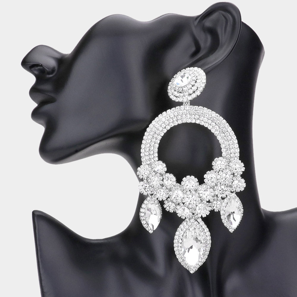 Madeline Love Silver Oversized Marquise Triple Flower Chandelier Evening Earring