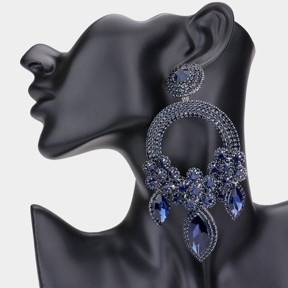 Madeline Love Navy Oversized Marquise Triple Flower Chandelier Evening Earring