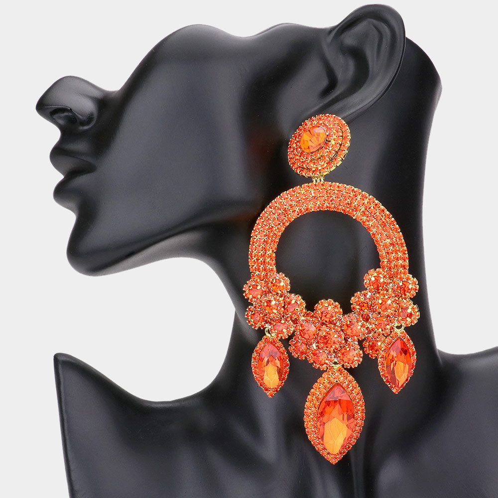 Madeline Love Orange Oversized Marquise Triple Flower Chandelier Evening Earring