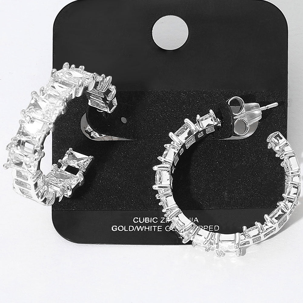 Madeline Love Rhodium Gold Dipped Square CZ Stone Cluster Around Evening Hoop Earrings