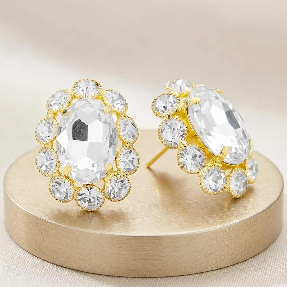 Madeline Love Clear, Gold Oval Crystal Halo Stud Evening Earrings