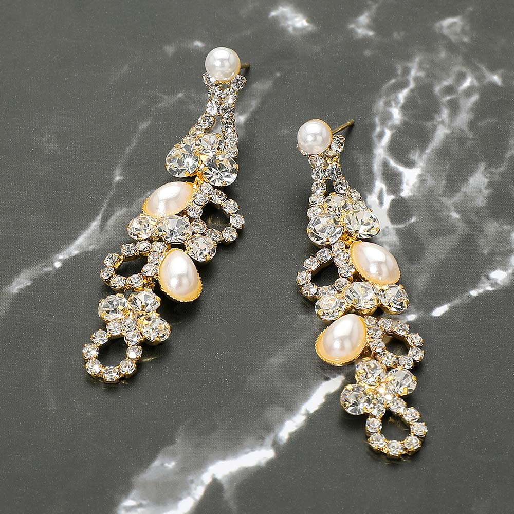 Madeline Love Cream, Gold Rhinestone Pearl Eyelet Drop Evening Earrings