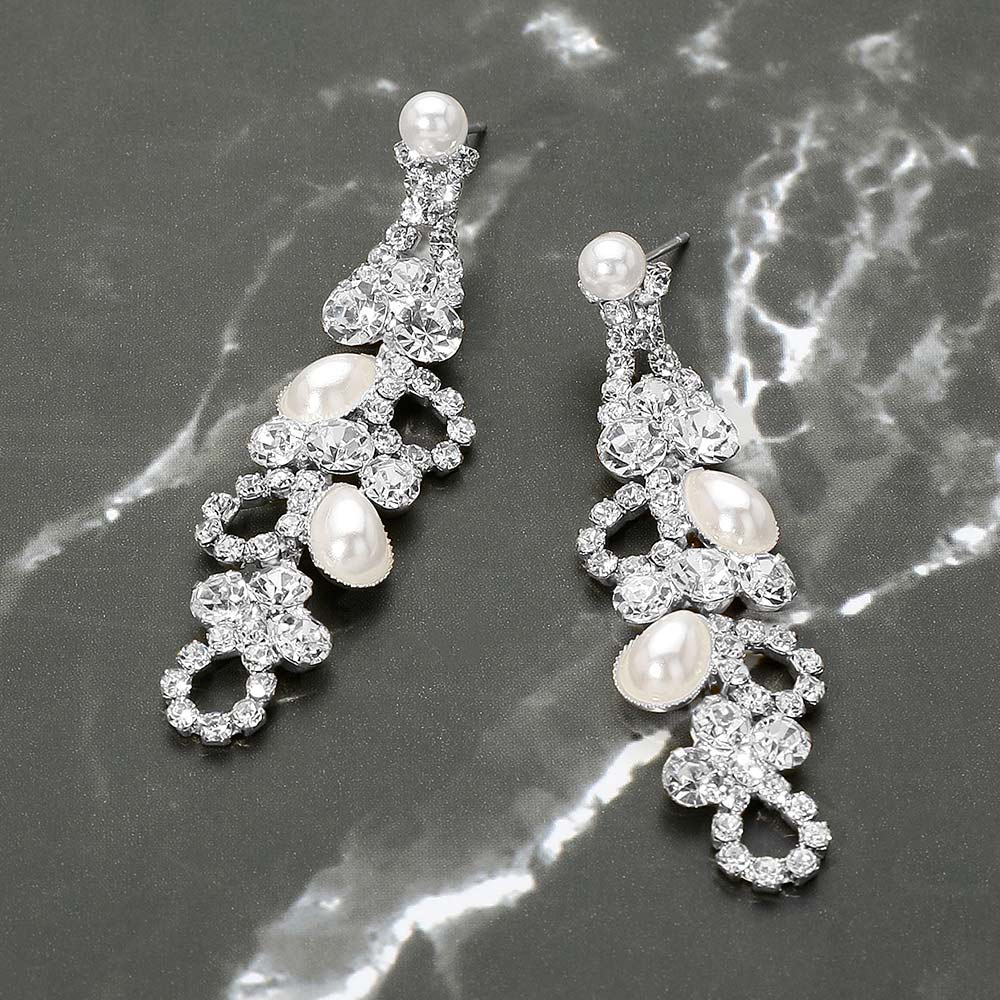 Madeline Love Silver, White Rhinestone Pearl Eyelet Drop Evening Earrings
