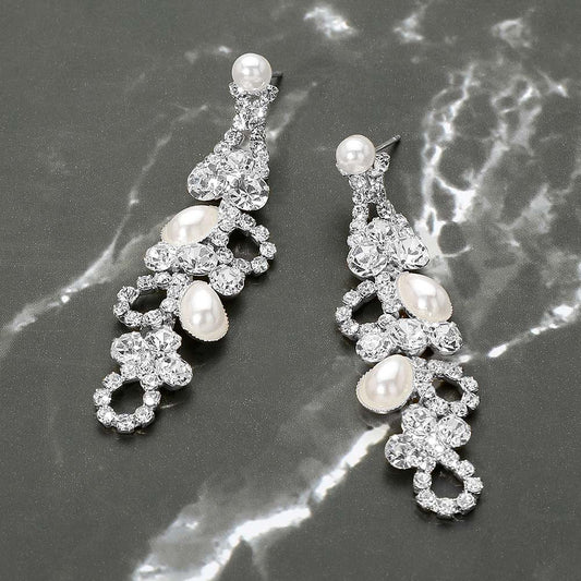 Madeline Love Silver, White Rhinestone Pearl Eyelet Drop Evening Earrings