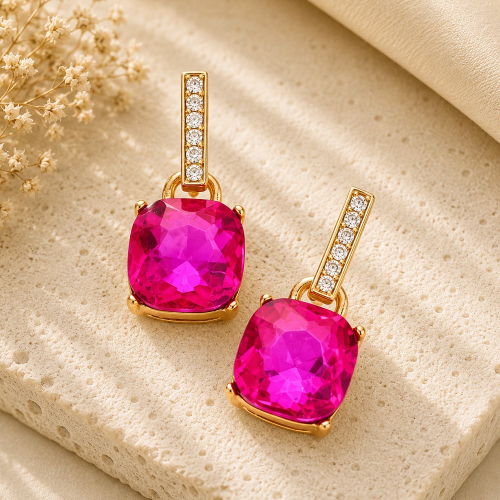 Madeline Love Fuchsia Cushion Square Stone Dangle Evening Earrings