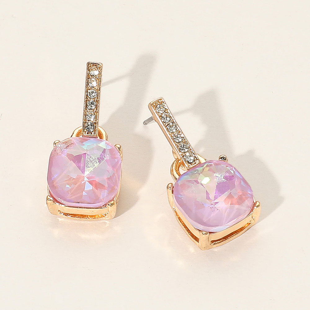 Madeline Love Gold, Lavender Cushion Square Stone Dangle Evening Earrings