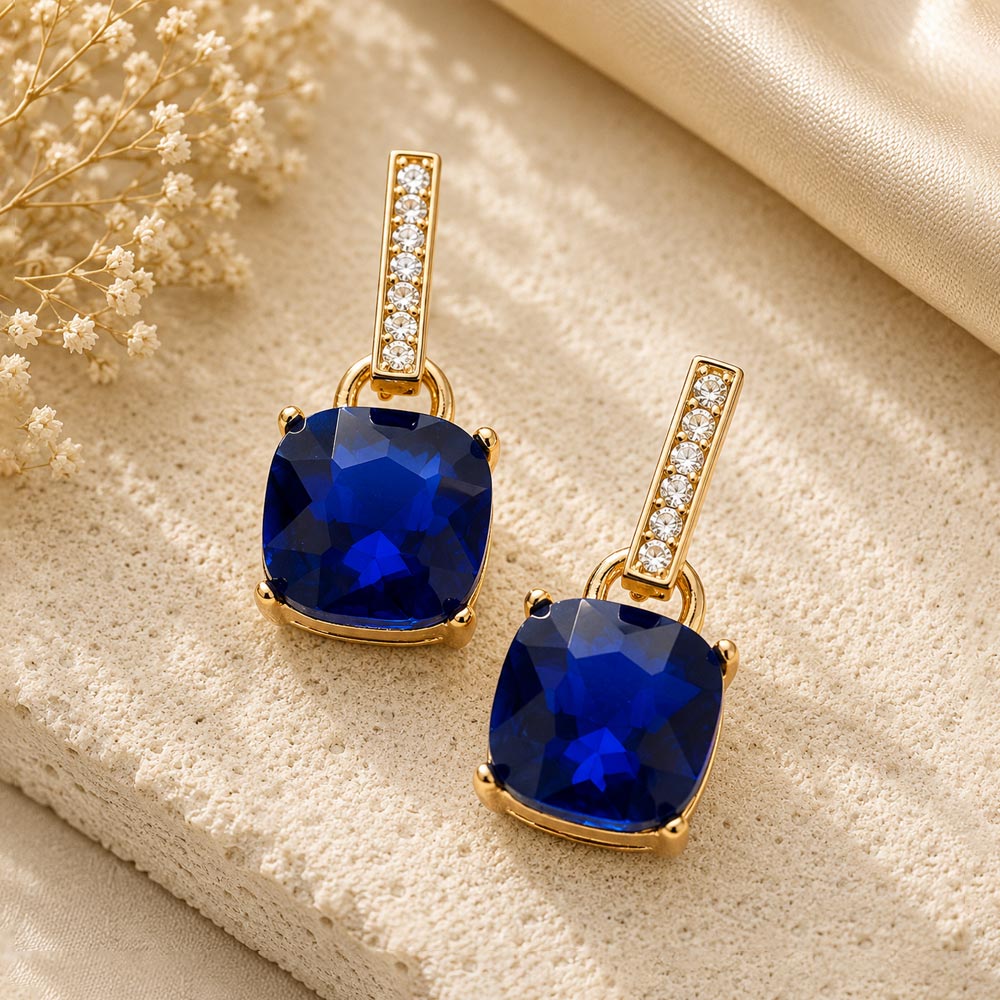 Madeline Love Sapphire Cushion Square Stone Dangle Evening Earrings