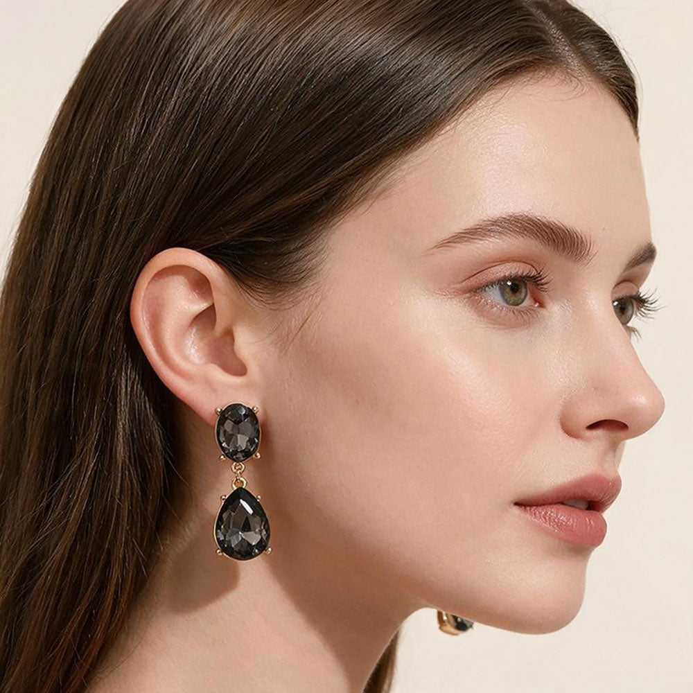 Madeline Love Black Diamond, Gold Oval Teardrop Gem Drop Evening Earrings