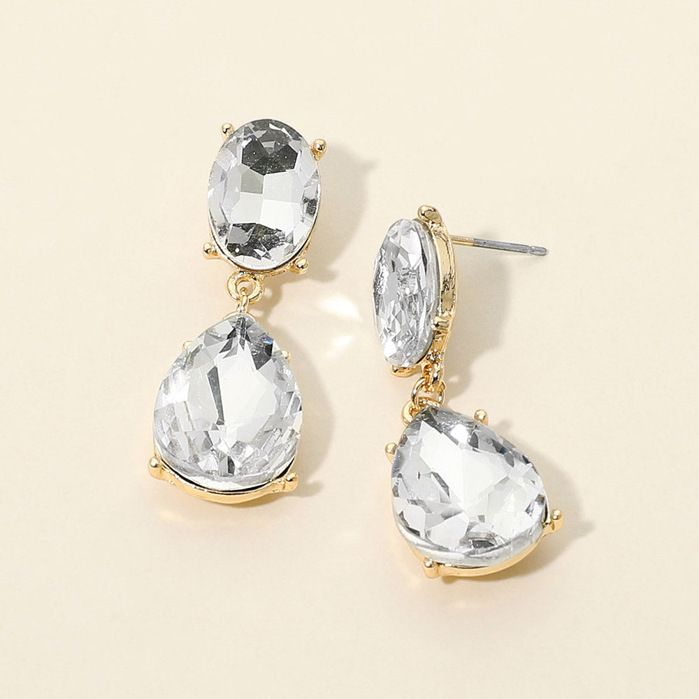 Madeline Love Clear, Gold Oval Teardrop Gem Drop Evening Earrings