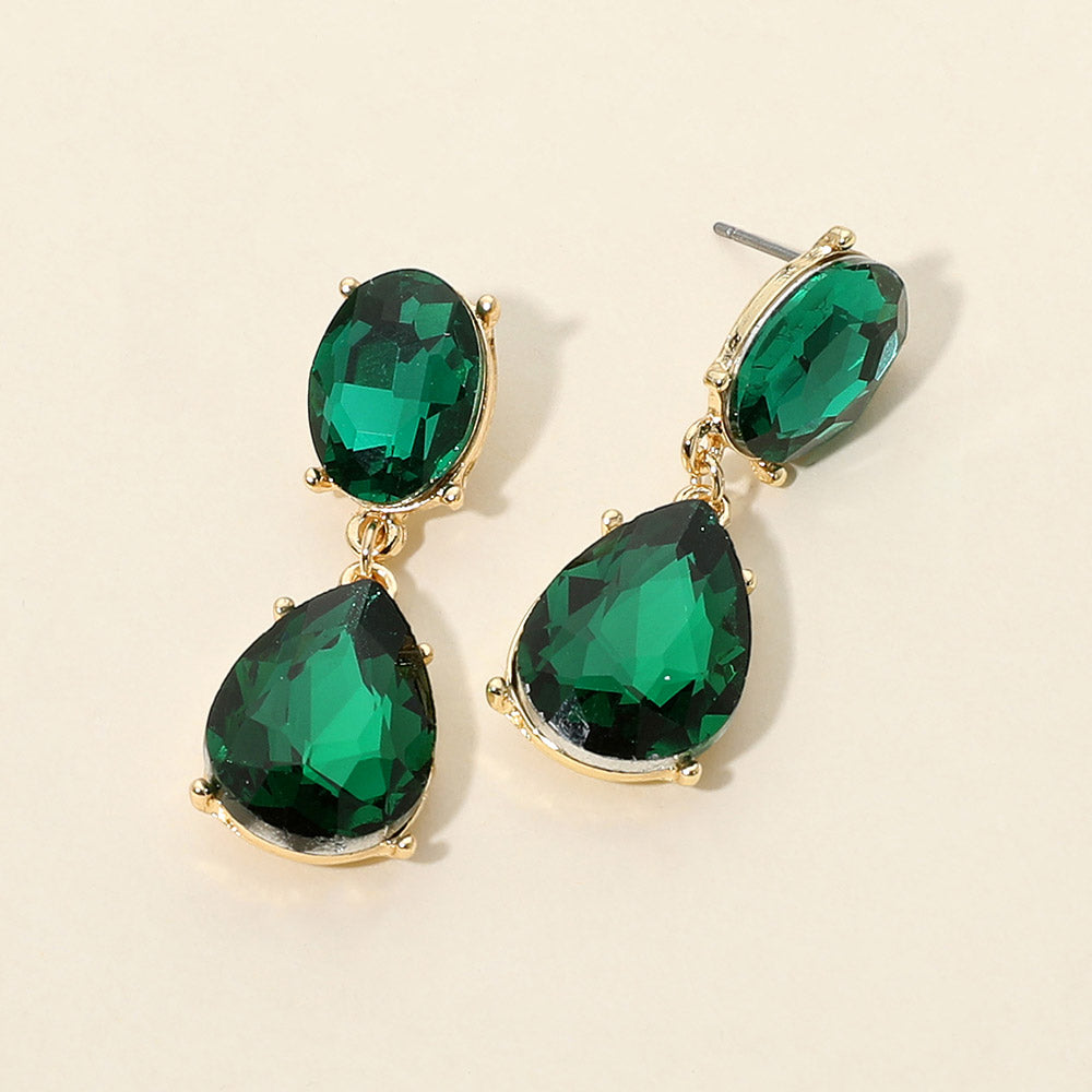 Madeline Love Emerald, Gold Oval Teardrop Gem Drop Evening Earrings