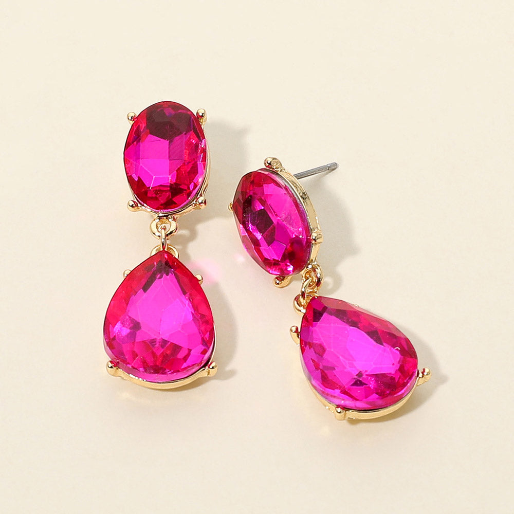 Madeline Love Fuchsia, Gold Oval Teardrop Gem Drop Evening Earrings