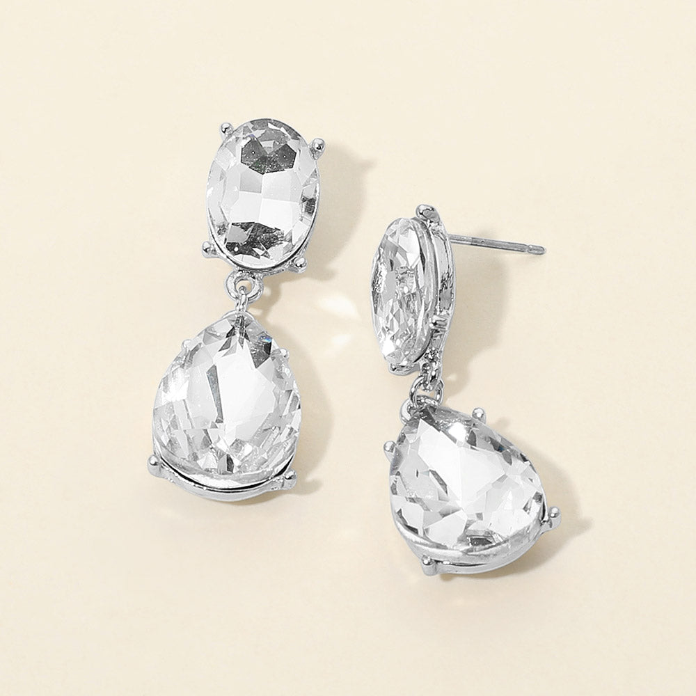 Madeline Love Clear, Rhodium Oval Teardrop Gem Drop Evening Earrings