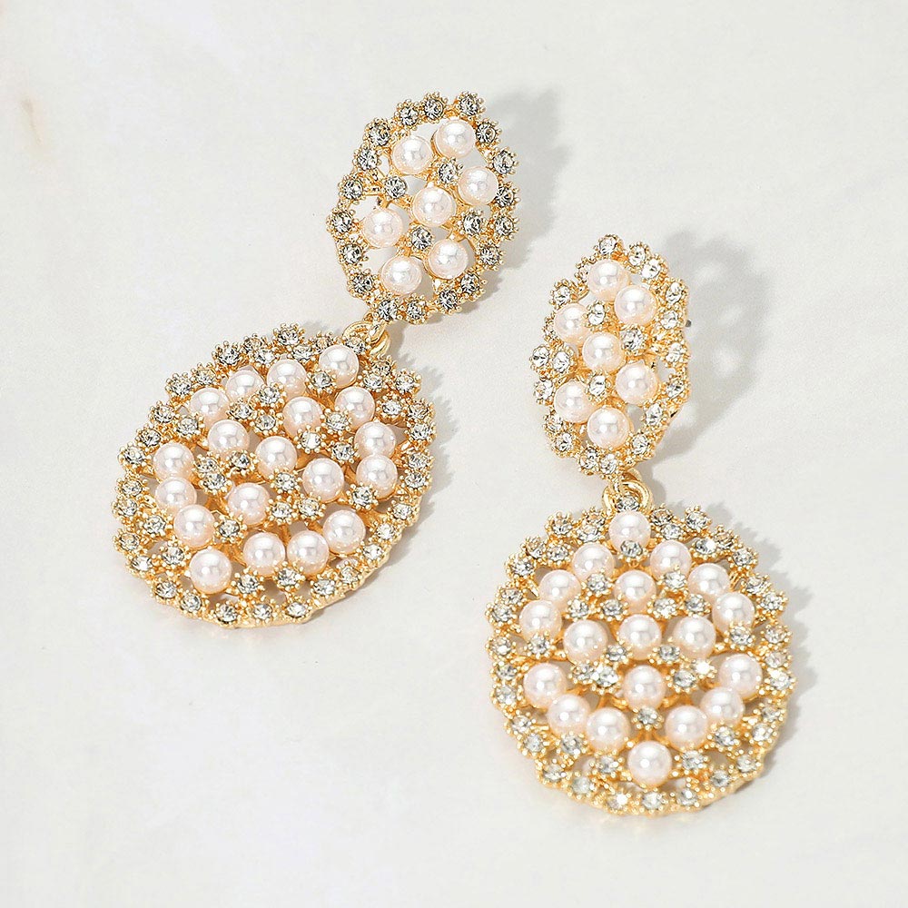 Madeline Love Cream, Gold Pearl Rhinestone Embellished Cluster Drop Evening Earrings