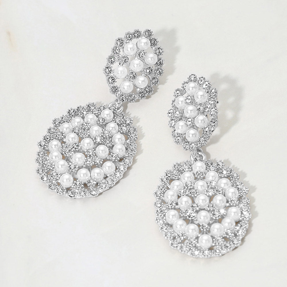 Madeline Love Rhodium, White Pearl Rhinestone Embellished Cluster Drop Evening Earrings