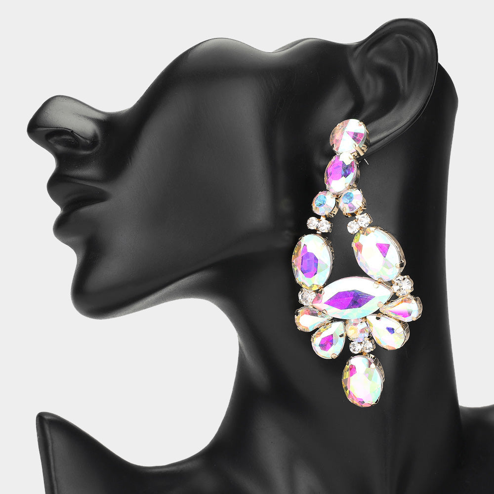 Madeline Love AB, Clear, Gold Oval Marquise Stone Cluster Chandelier Evening Earrings
